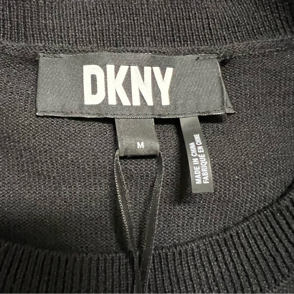 NWT DKNY Sequin Silver Bow Long Sleeves Round Neck Black Cotton Sweater Top M - Picture 7 of 12